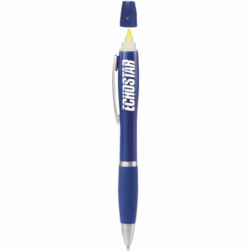 A blue pen-highlighter with a cap and a silver clip, featuring a logo on its body.
