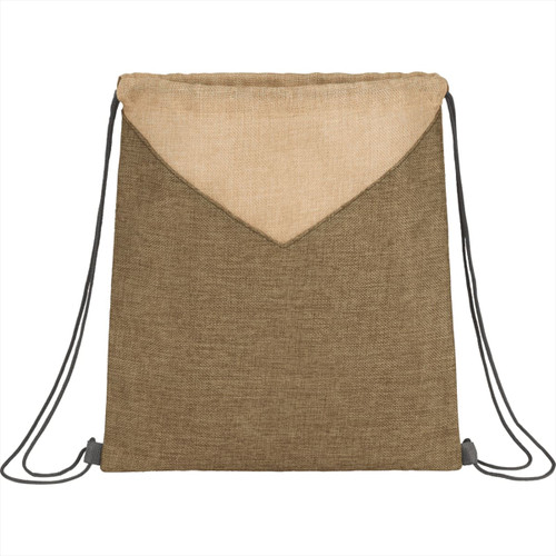 A brown and tan drawstring bag with a logo and adjustable grey straps.