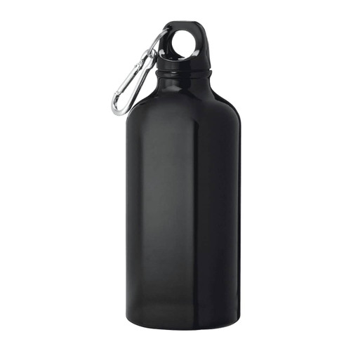 A drink bottle in sleek black aluminium with a carabiner clip and a simple design. It features a logo.