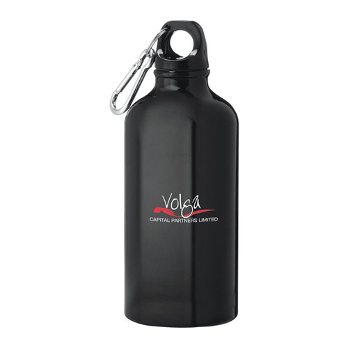A drink bottle in shiny black aluminium with a carabiner clip and a logo design.