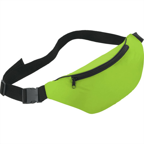 A bright green fanny pack with a zipper and a black adjustable strap. It features a branding logo.
