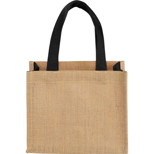 A jute tote bag in natural brown with black handles, featuring an internal pocket and a simple design.