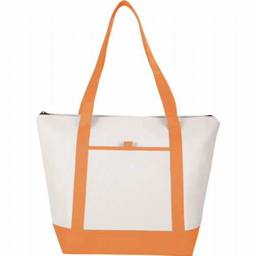 A non-woven cooler tote bag in white with orange straps and bottom, featuring a front pocket and a zip closure.
