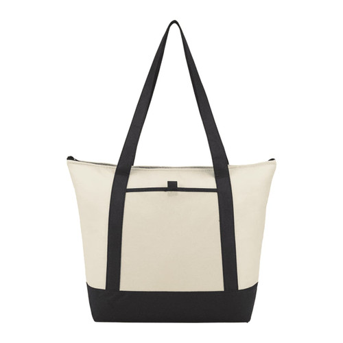 A tan and black tote cooler bag with long handles and a front pocket. It features a logo.
