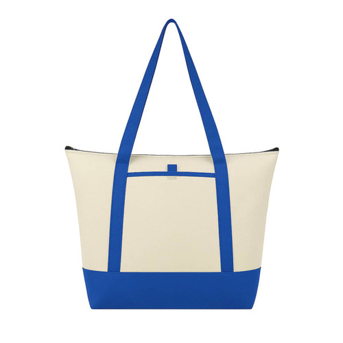 A blue and cream tote cooler bag with long handles and a front pocket. It features a logo.