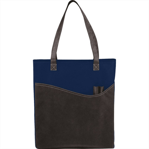 A navy and grey non-woven tote bag with long handles and a side pocket for pens. Includes a logo.