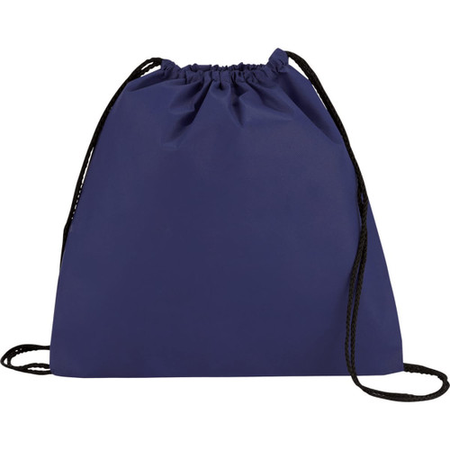 A navy non-woven drawstring sportpack with black drawstrings and a simple design, featuring a logo.
