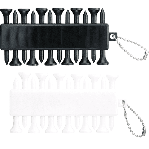 A set of golf ball markers in black and white, each with a chain for convenience. The product includes multiple markers.