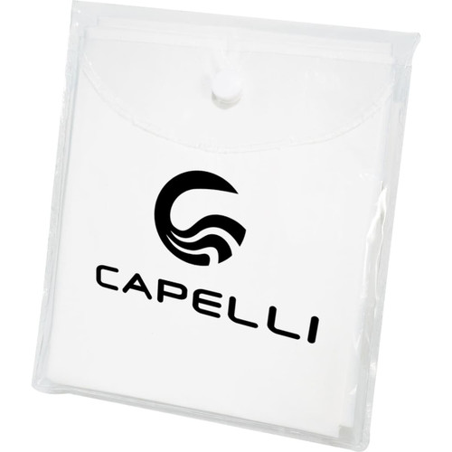 A white disposable poncho packaged in a clear, resealable pouch. The pouch features a logo on the front.