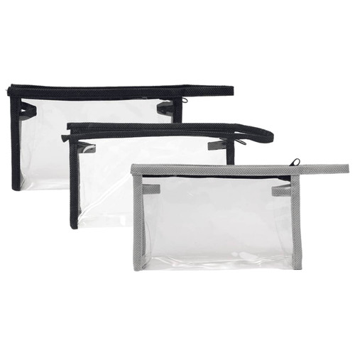 A set of three clear toiletry bags in black and grey, featuring zip closures and mesh detailing.