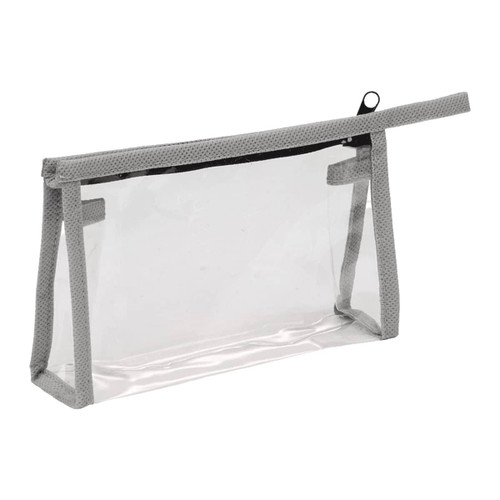 A clear toiletry bag with grey accents and a zip closure, ideal for travel accessories. Features a branding logo.