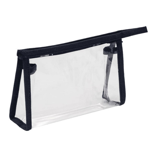 A clear toiletry bag with navy blue trim, featuring a zip closure and a structured design.