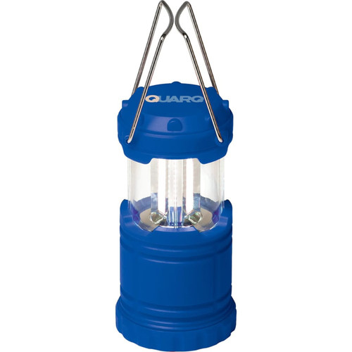 A blue Mini COB pop-up lantern with a clear body and a metal hanging handle.