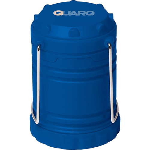 A blue Mini COB Pop Up Lantern with a silver handle, featuring a simple cylindrical design and a branding logo.