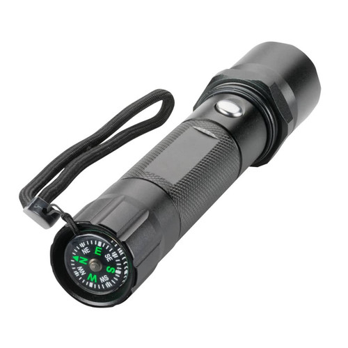 A black torch with a compass attached, featuring a textured grip and a wrist strap.