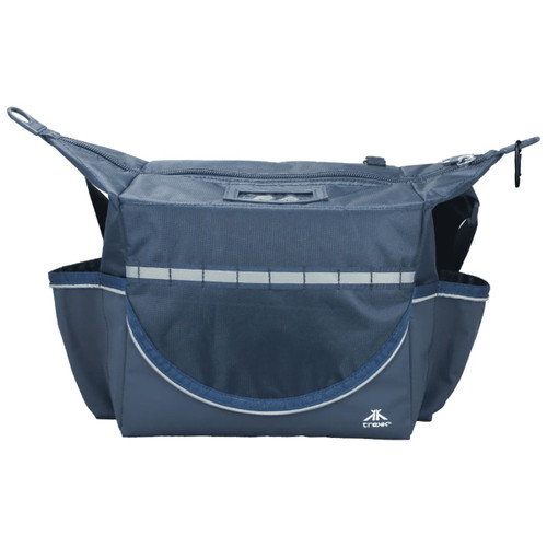 A cooler bag with a navy blue design, featuring multiple pockets and a branded logo.