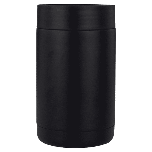 A drink bottle holder in matte black with a sleek design and a branding logo. Ideal for keeping drinks cool.