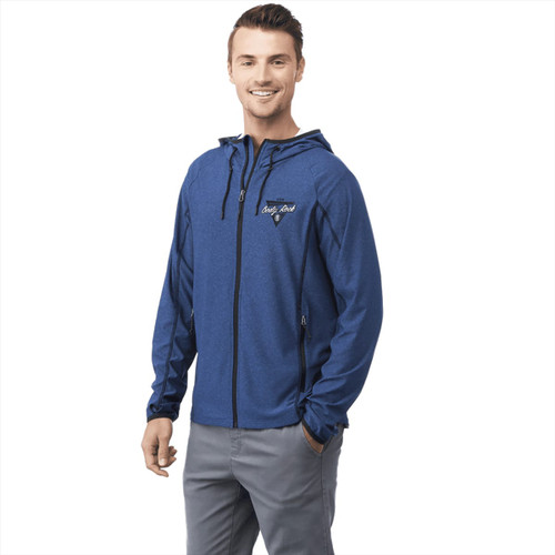 A men's Kaiser Knit Jacket in blue, featuring a hood and a logo, displayed on a model.