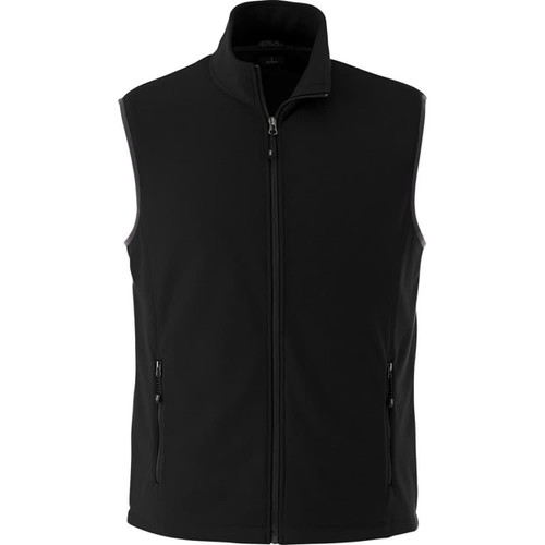 A black men's polyfleece vest featuring a zip front and two side pockets, with a logo on the chest.
