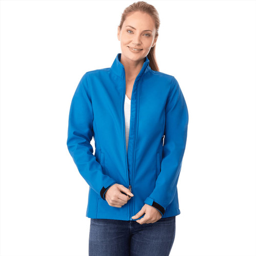 A blue women's softshell jacket with a zip front and a collar, featuring a logo.