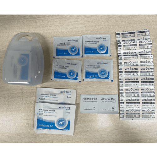 A portable first aid kit featuring cleansing wipes, non-woven sponges, alcohol pads, and a plastic case.