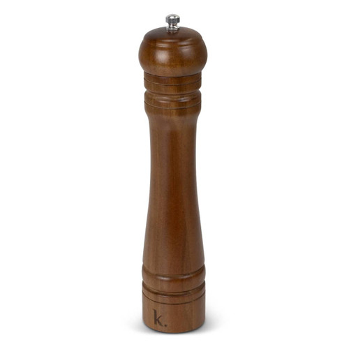 A wooden pepper mill in a warm brown finish, featuring a rounded top and elegant grooves. It has a logo on the base.