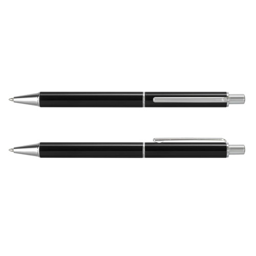 A black metal pen with a sleek design and silver accents, featuring a clip and a smooth writing tip.