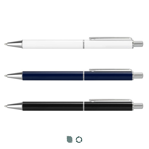 A set of three metal pens in white, navy blue, and black, each featuring a silver clip and detailing.