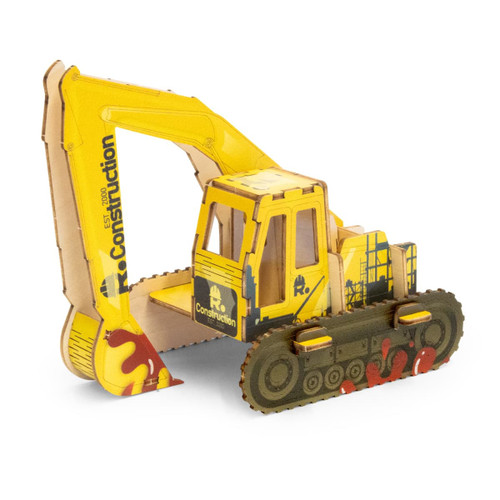 A yellow and green wooden model of an excavator, featuring construction branding and movable parts.