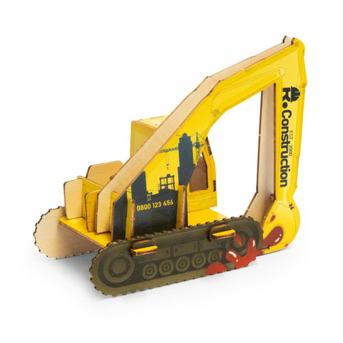 A yellow wooden model of an excavator with details on the construction theme, featuring a logo and intricate designs.