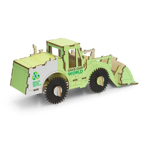 A wooden model of a wheel loader in green and natural wood, featuring a logo and a detailed design.