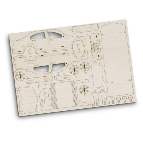 A wooden model kit of a sedan car, featuring detailed laser-cut parts on a flat sheet. The design is light in colour.