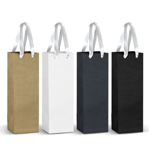 Four paper bags with ribbon handles in gold, white, navy, and black, each featuring a logo.