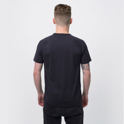 A black TRENDSWEAR Agility men's sports T-shirt displayed from the back, featuring a logo on the upper side.