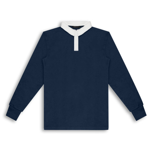 A navy blue unisex rugby jersey with a white collar and long sleeves. It features a logo on the chest.