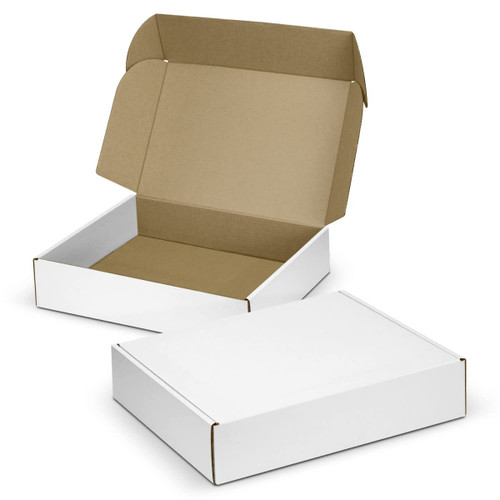 A white die cut box with a locking lid, opened to reveal a brown interior. It has a simple design and sturdy construction.