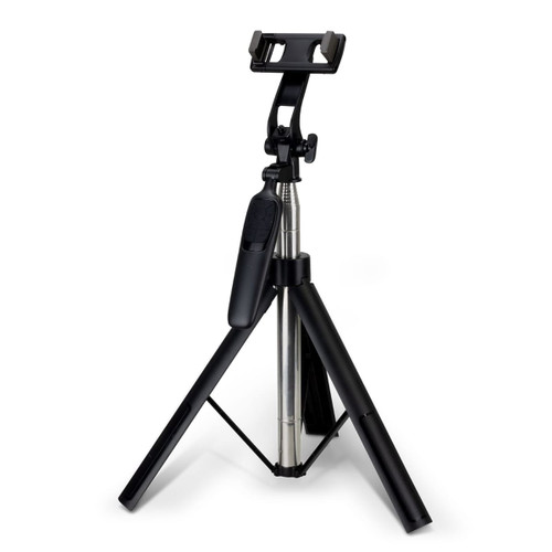 A black tripod with an adjustable phone holder and remote shutter feature.