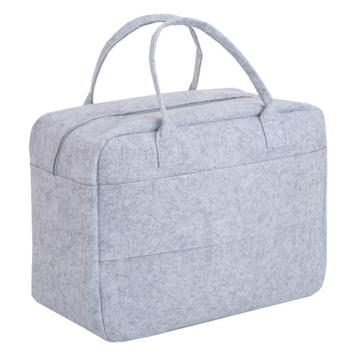 A grey felt travel bag with two handles and a zip closure, featuring a front pocket and a minimalistic design.