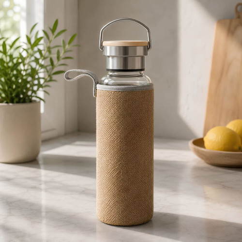 A drink bottle featuring a glass body, a metal lid, and a tan fabric sleeve, set on a kitchen countertop.