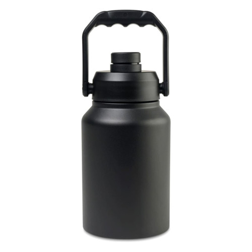 A drink bottle in matte black with a handle and a secure lid. The design features a simple, rounded shape.