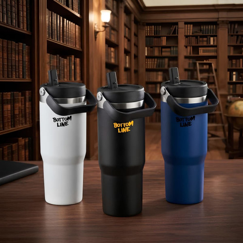 A travel mug set featuring white, black, and blue designs, each with a handle and screw-top lid, displaying a logo.