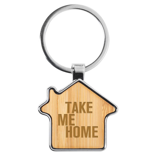 A bamboo key ring shaped like a house with a silver keychain attachment and a logo.