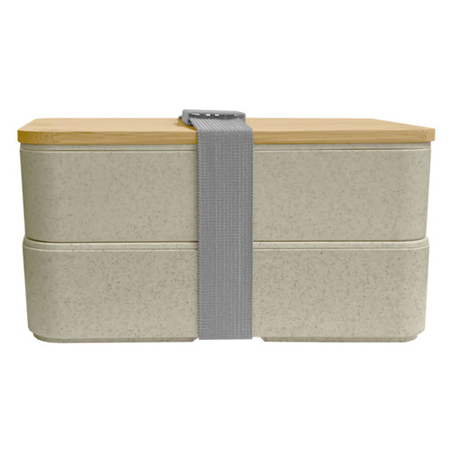 A wheat straw lunch box pack in light grey, featuring a bamboo lid and secured with a grey strap.