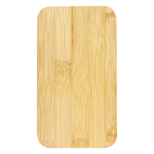 A rectangular bamboo lunch box with a smooth natural finish, featuring a subtle logo.