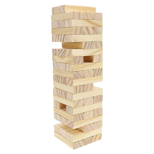 A large Jenga set made of light wood blocks, stacked vertically in a tower formation.