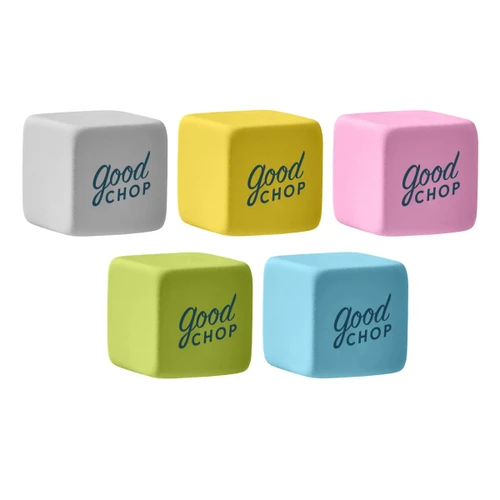 A collection of five rubber erasers in various colours: grey, yellow, pink, green, and blue, each with a logo.