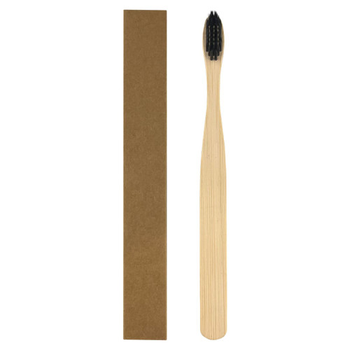 A bamboo toothbrush with a long handle and black bristles, beside a simple brown packaging box.