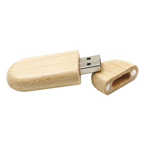 A bamboo USB flash drive in light wood, featuring a cap that can be removed. Includes a logo on its surface.