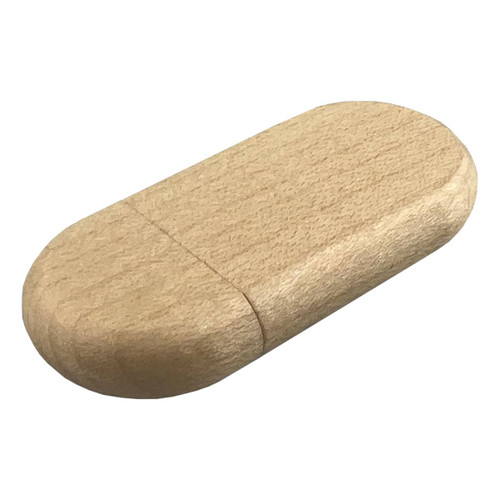 A bamboo USB flash drive in a rounded rectangular shape, featuring a natural wood finish and a small logo.