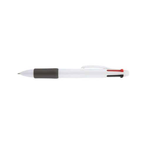 A plastic pen in white, featuring a black grip and accents in red and blue, with a logo displayed on the side.